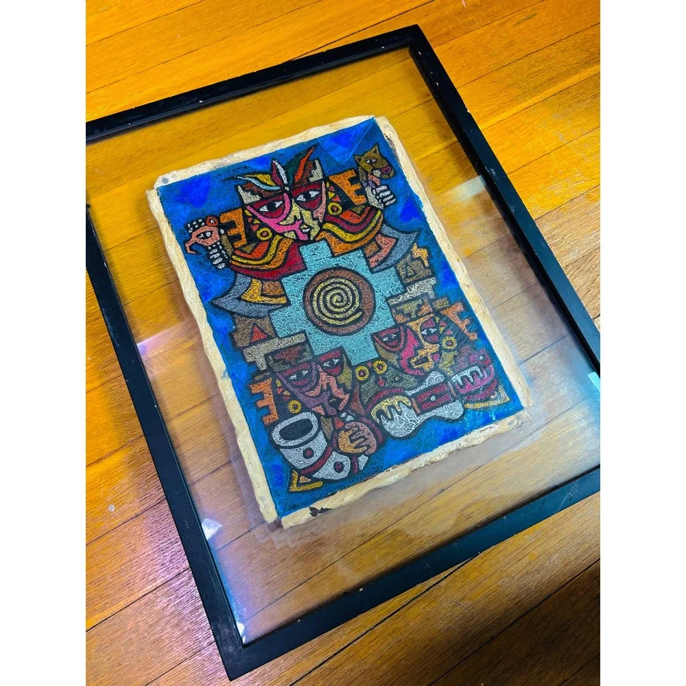 Peruvian Leather Folk Art Framed‎ Paracas Nazca Style Cusco Painting 21x17